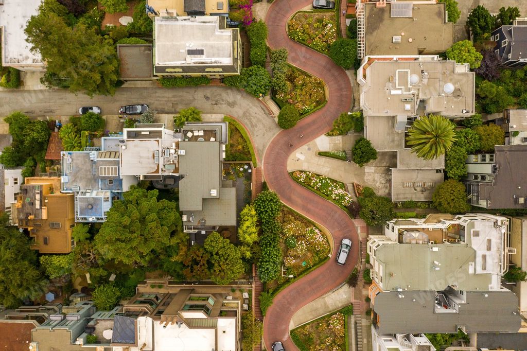 An aerial view of the famous Lombard Street, San Francisco, California