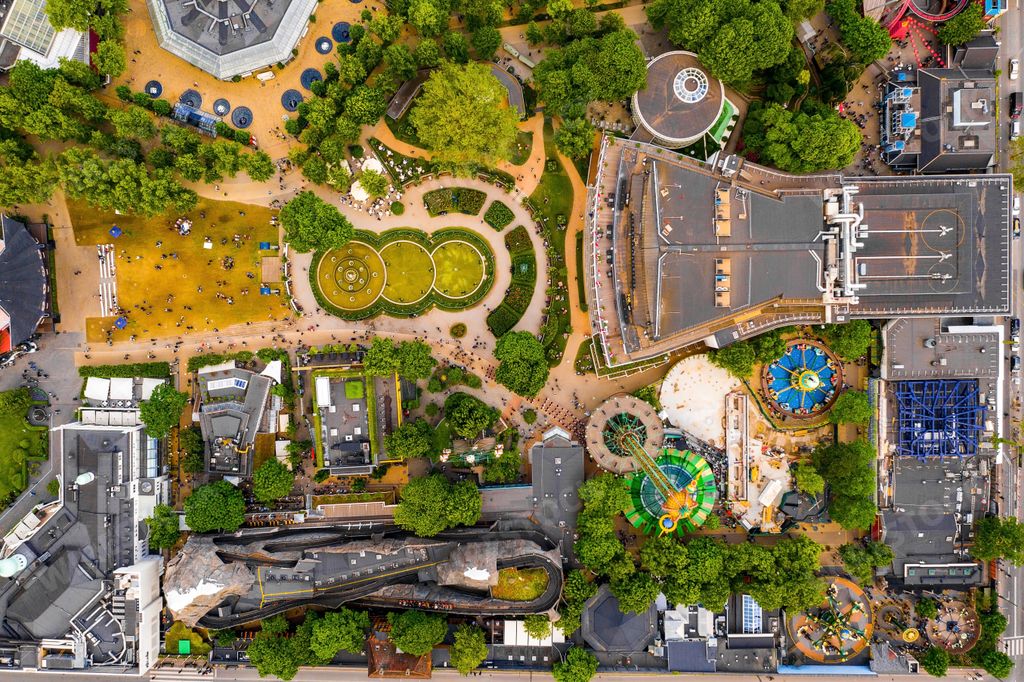 An aerial shot of the Tivoli Gardens amusement park in Copenhagen, Denmark