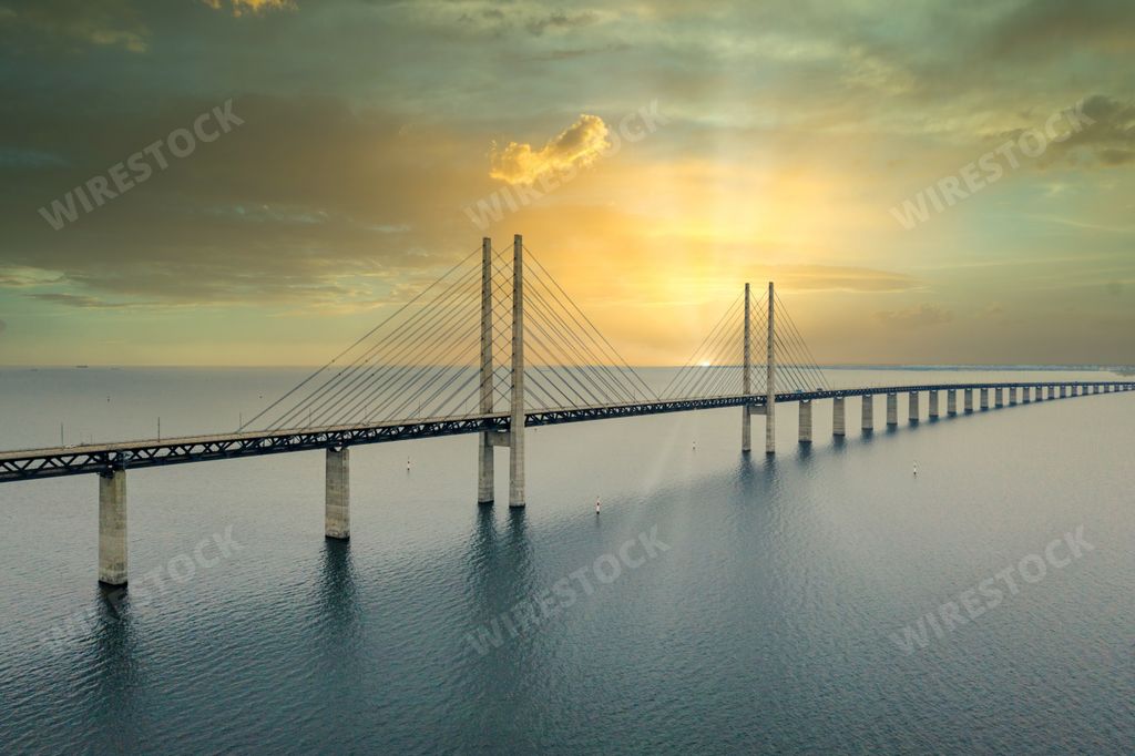 The Oresund bridge between Copenhagen Denmark and Malmo Sweden at sunset