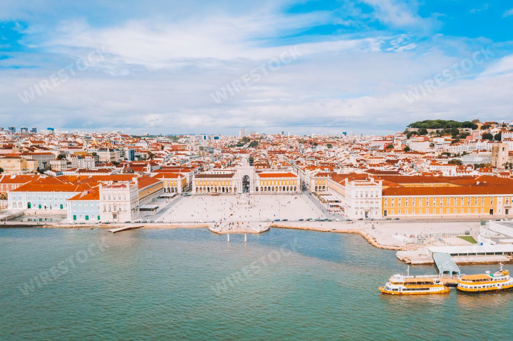 An aerial view of the famous Praca do Comercio (Commerce Square) in Lisbon, Portugal