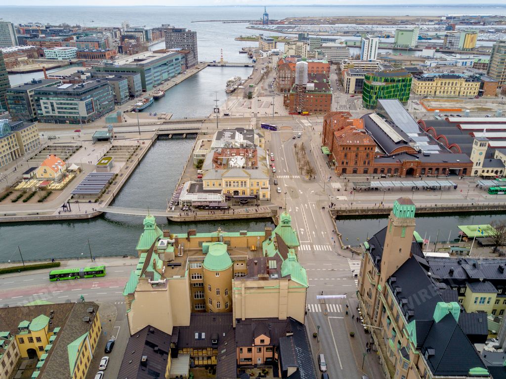 An aerial shot of the beautiful city of Malmo in Sweden