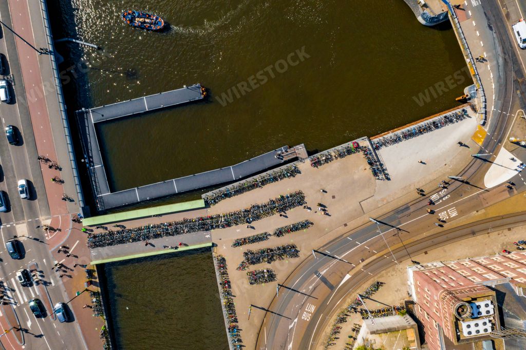 An aerial view of highways surrounding the river in Amsterdam