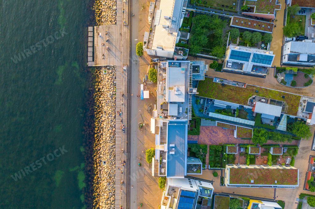 An aerial overhead view of the Western Harbour district in Malmo, Sweden