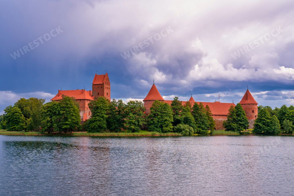 A landscape of the Trakai Island Castle in the Galve lake surrounded by greenery in Lithuania