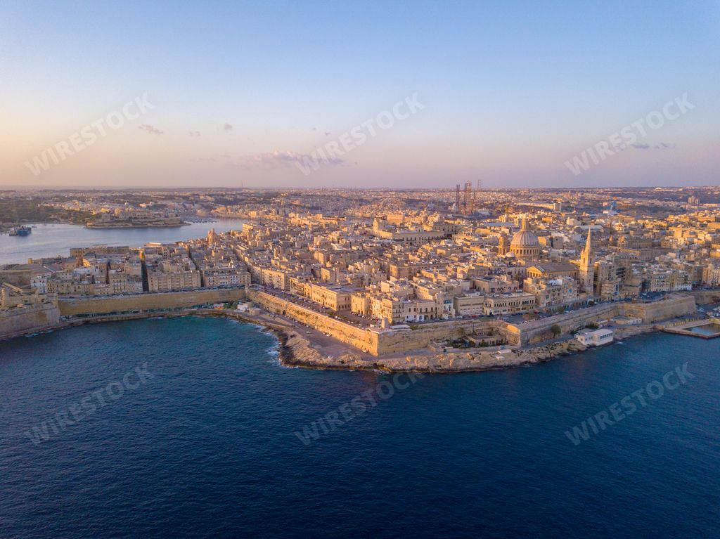 An aerial view of the famous huge defense walls and the old port of the Valletta city, Malta