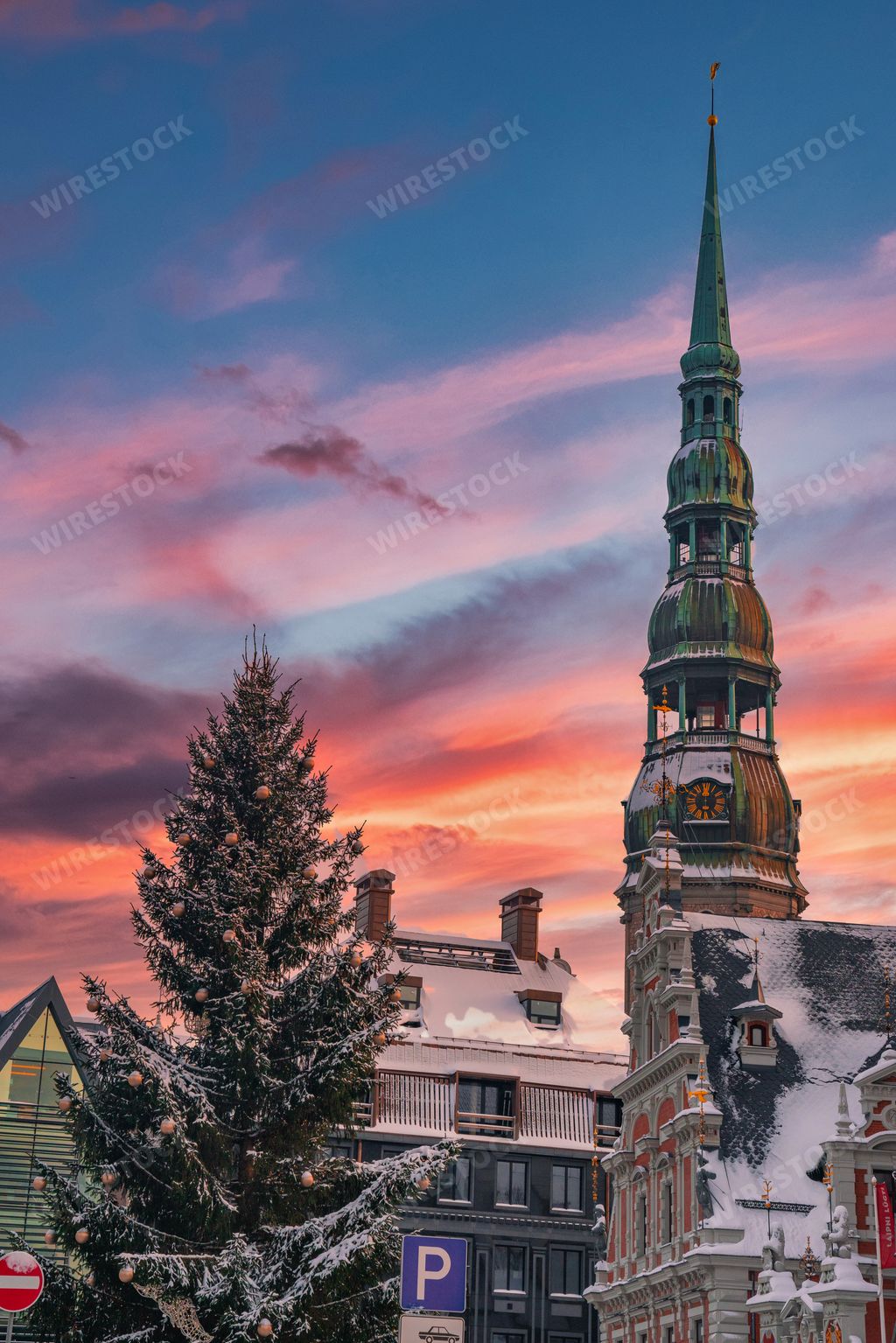 The House of the Blackheads in Riga, Latvia at sunset in winter