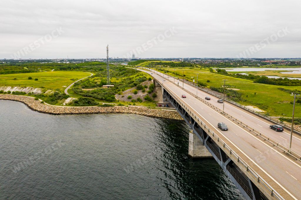 An aerial view of the Oresund bridge between Denmark and Sweden, Oresundsbron