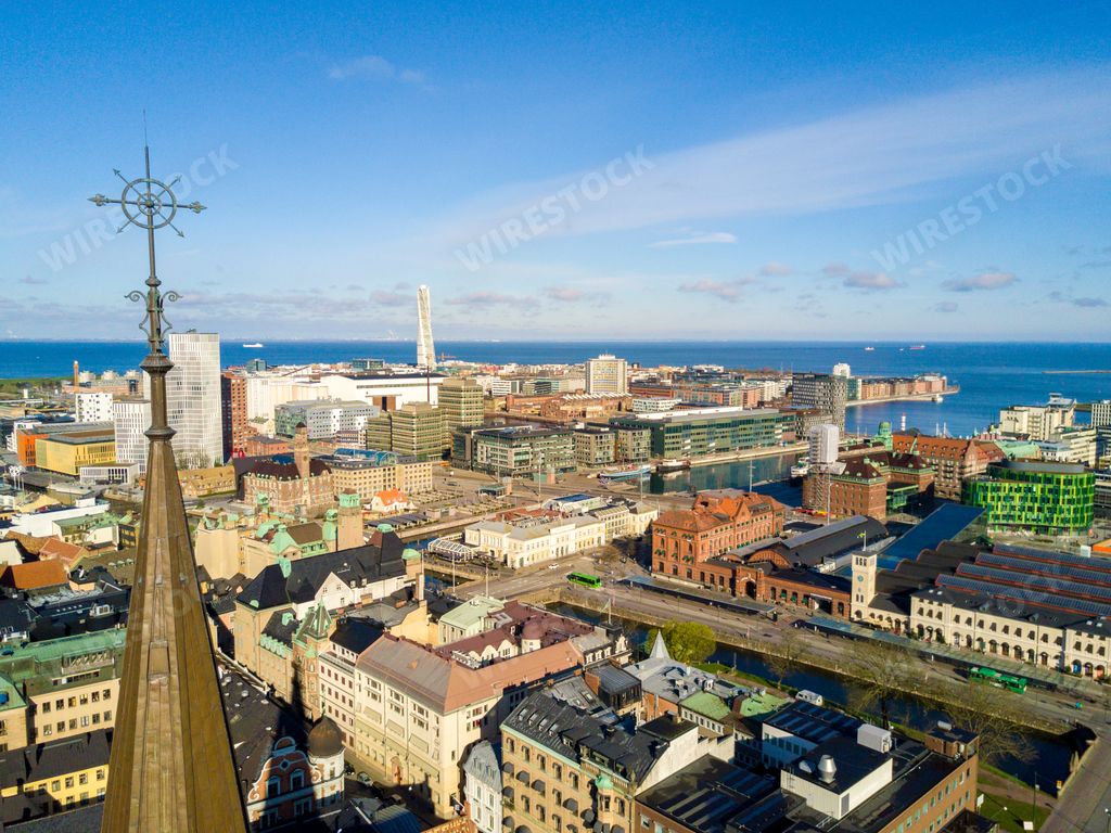 An aerial view of the Malmo city view above in Sweden cathedral on a clear sky background