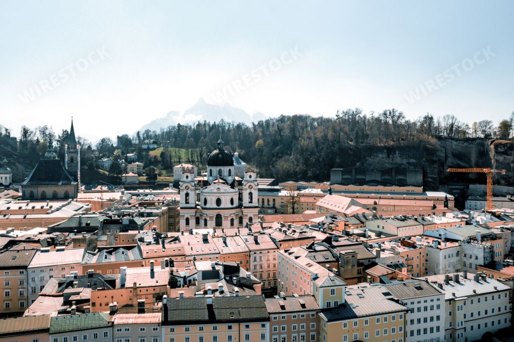 An aerial view of the Salzburg Cathedral or Salzburger baroque roman catholic church in Salzburg, Austria