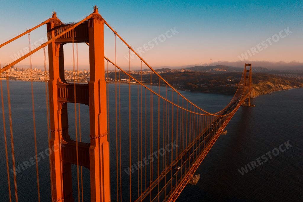 A beautiful scenery of the famous Golden Gate Bridge at sunset in San Francisco, California