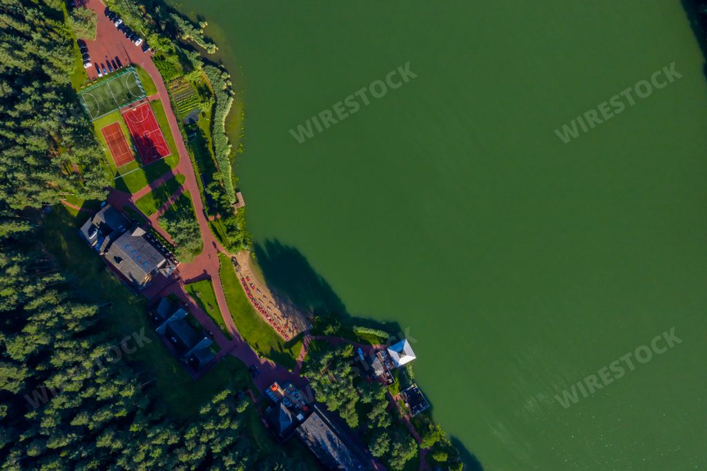 An aerial view of the lake in the early morning near village Walchwil Canton of Zug, Switzerland