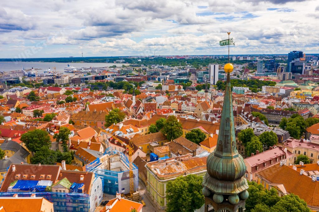 An aerial shot of the beautiful city of Tallinn in Estonia