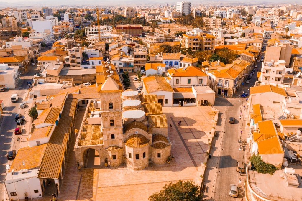 An aerial shot of the Church of Saint Lazarus in Larnaca, Cyprus