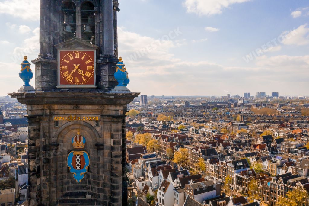 A closeup shot of Westertoren part of Westerkerk, Amsterdam, Netherlands