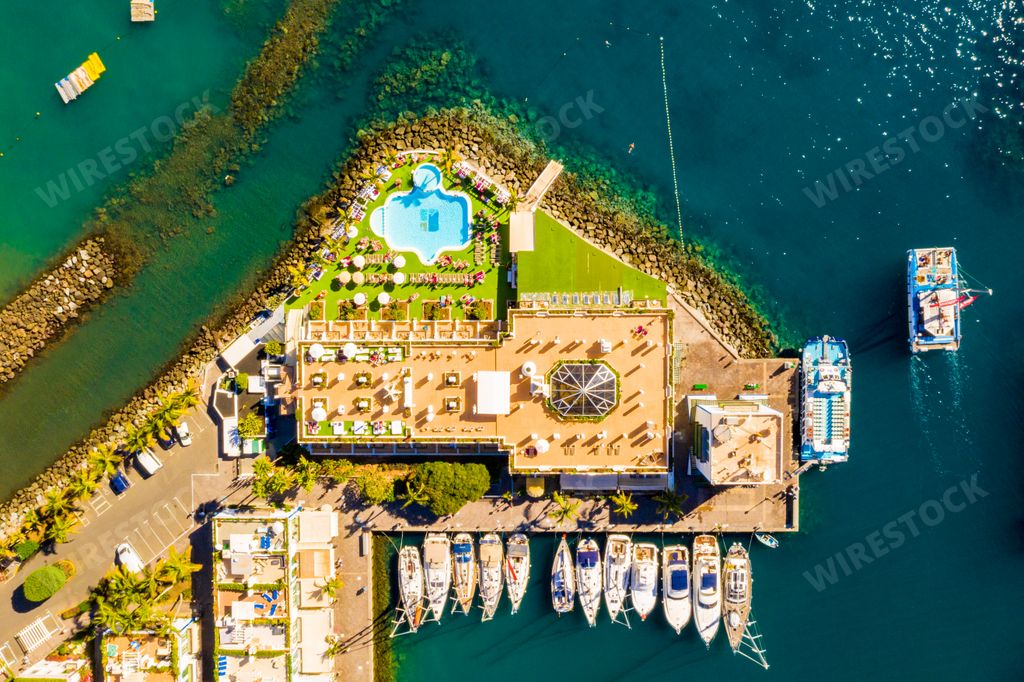 An aerial top view of Puerto de Mogan on the Gran Canaria Island in Spain