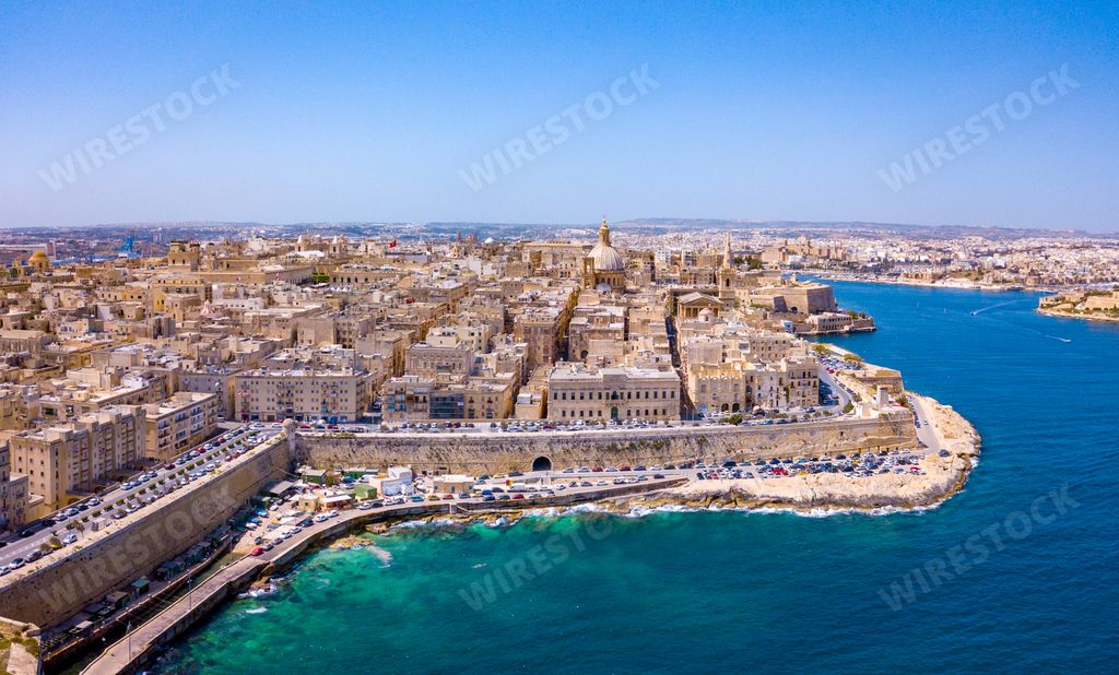 An aerial shot of the ancient city Valletta in Malta