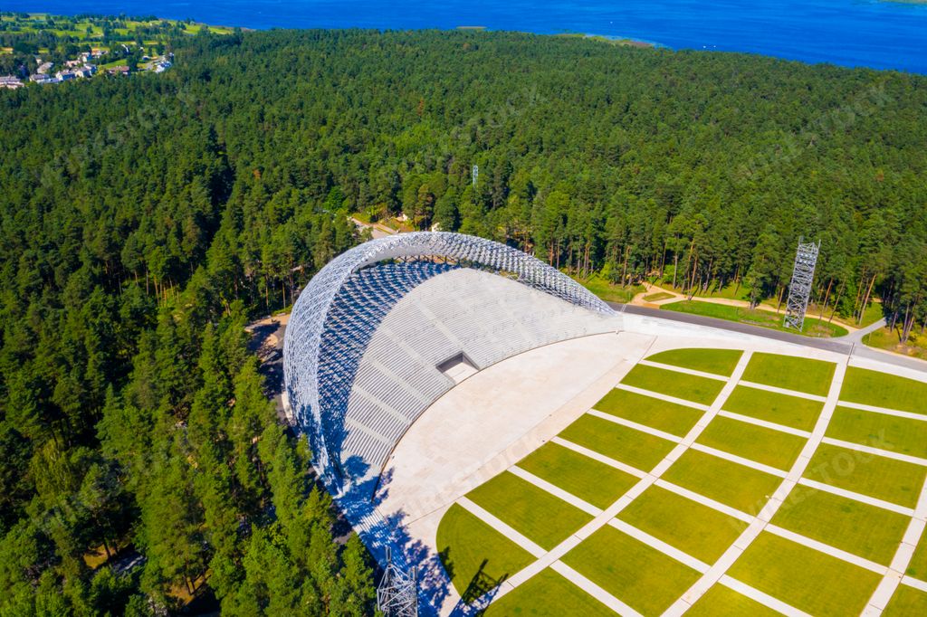 Aerial view of the Great Bandstand in Mezaparks in Riga, Latvia. Beautiful new stadium located in the middle of a forest.