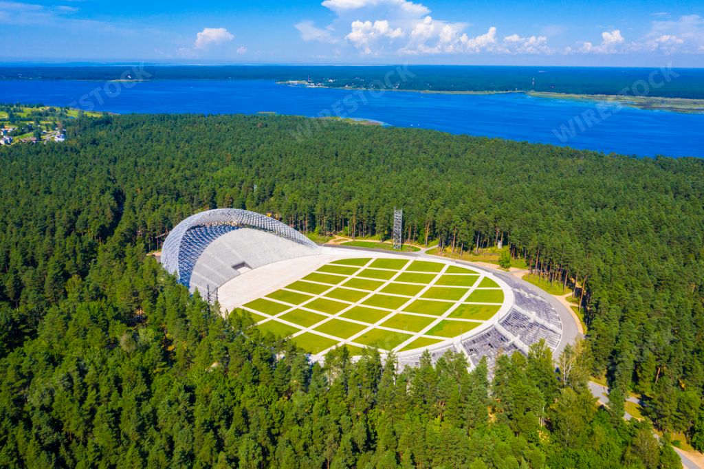 Aerial view of the Great Bandstand in Mezaparks in Riga, Latvia. Beautiful new stadium located in the middle of a forest.