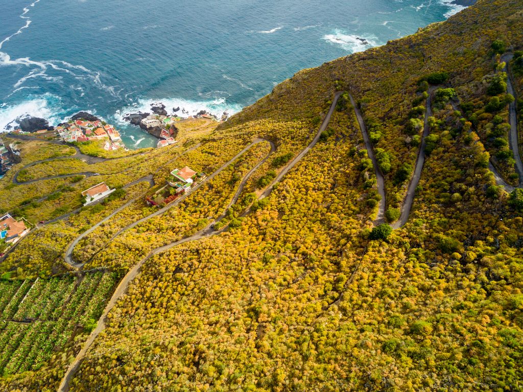 An aerial shot of the shore of the Atlantic ocean on Tenerife Island, Spain