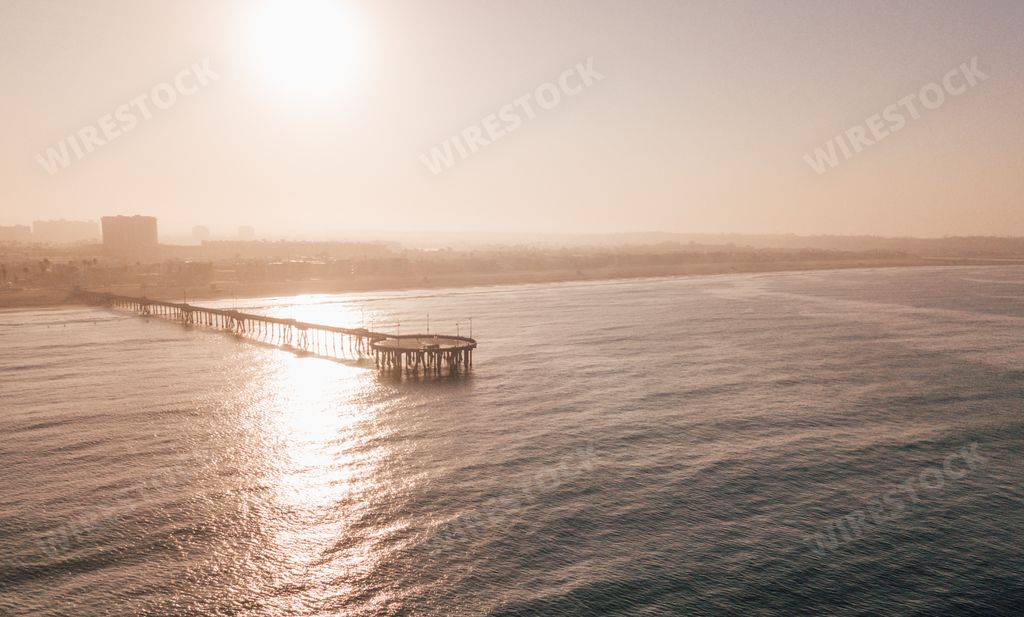 An aerial sunrise view of the Venice beach pier near Santa Monica