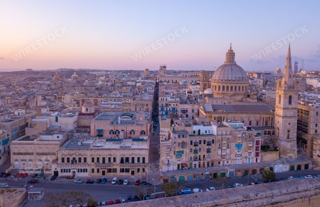 A beautiful aerial view of the Valletta city in Malta at sunset
