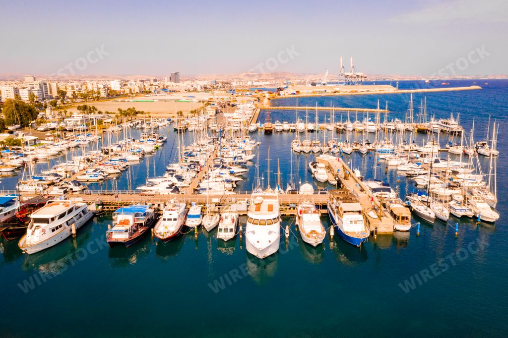 A beautiful view of the main street of Larnaca near the castle of Larnaca and Phinikoudes beach in Cyprus