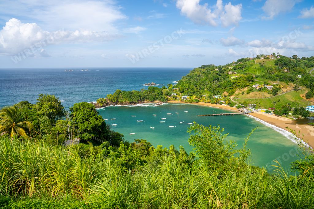 A landscape of the Parlatuvier bay surrounded by the sea under the sunlight in Trinidad and Tobago