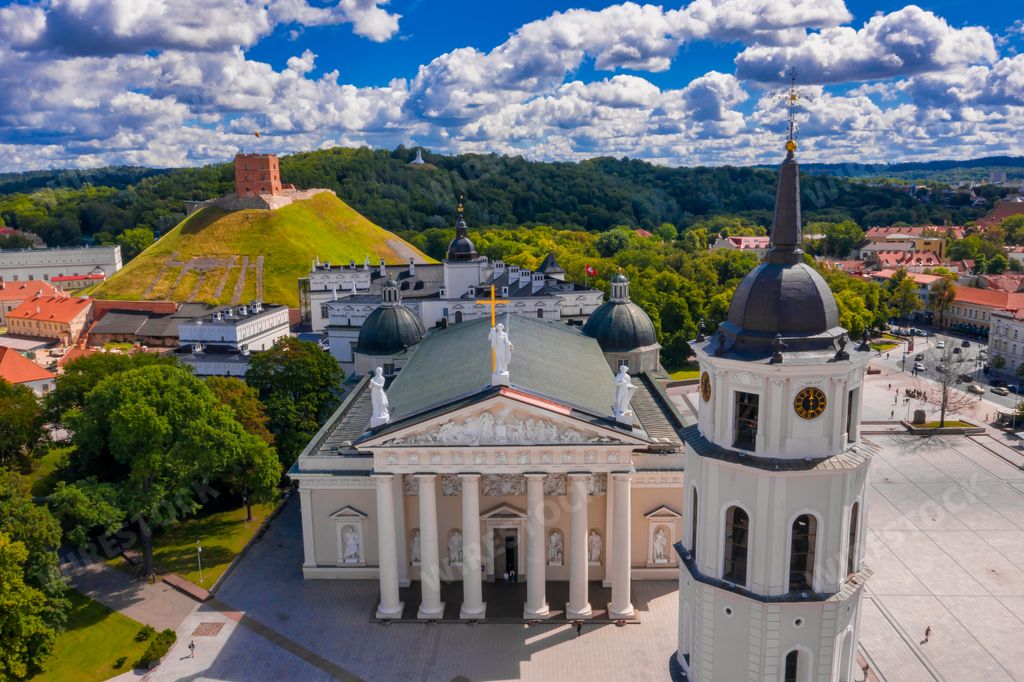 An aerial view of the beautiful Cathedral Square in Vilnius Old Town in  Vilnius, Lithuania