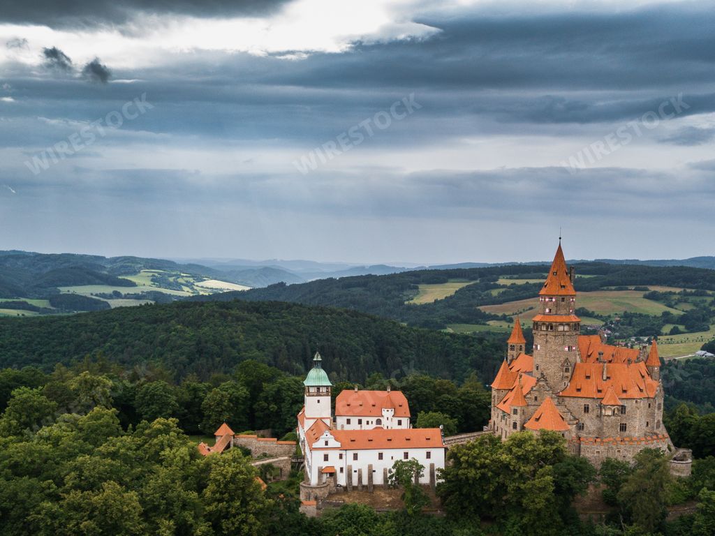 An aerial view of a medieval castle on the hill in the Czech region of Moravia