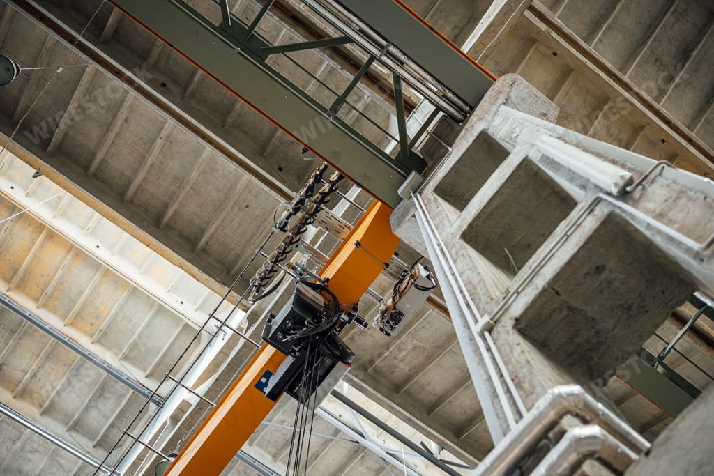 A low angle shot inside a huge factory
