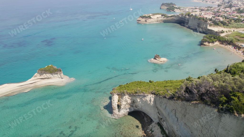 Aerial view of Sidari shoreline and charming blue sea, Corfu, Greece