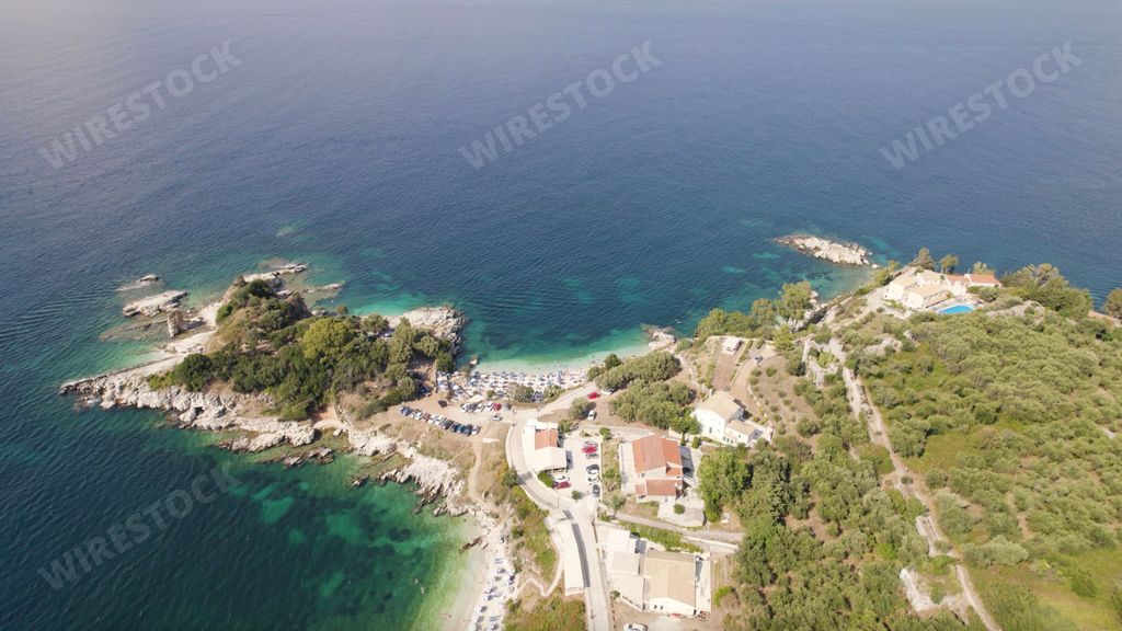 Aerial view of Bataria beach on Kassiopi shore, Corfu, Greece