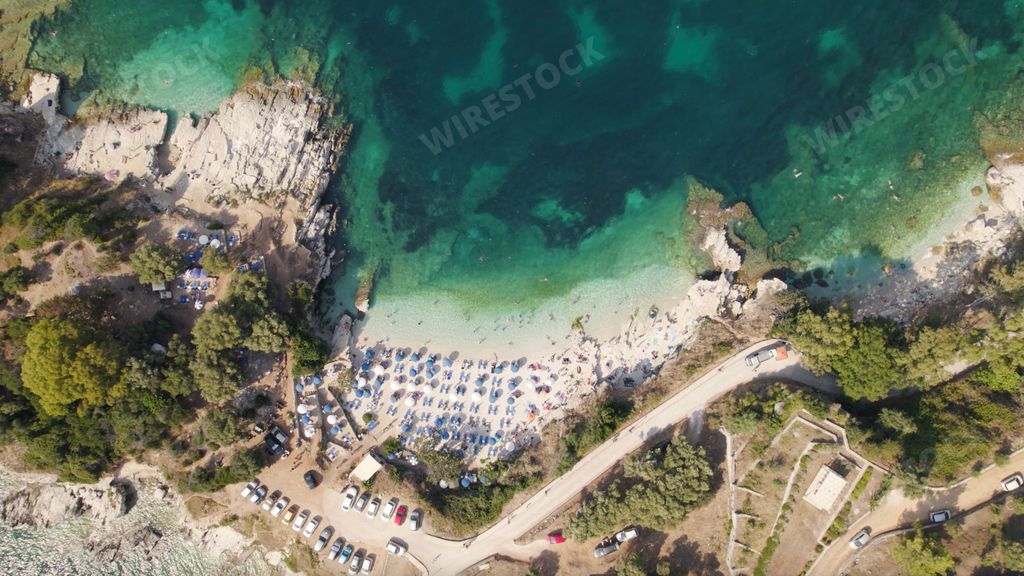 A top view of the Bataria beach during high season, Kassiopi, Corfu, Greece