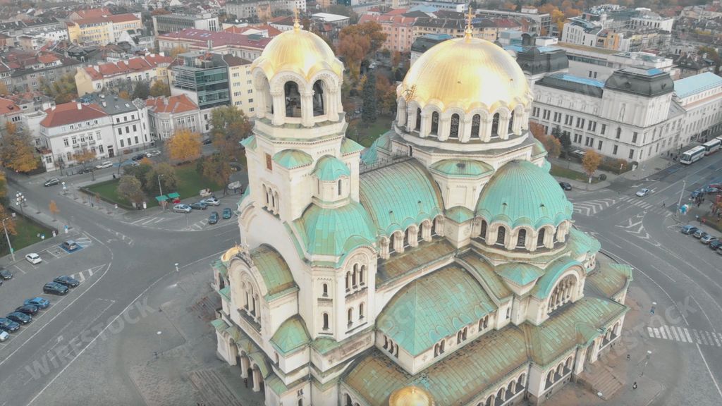 An aerial view of the St. Alexander Nevsky Cathedral in Sofia, Bulgaria