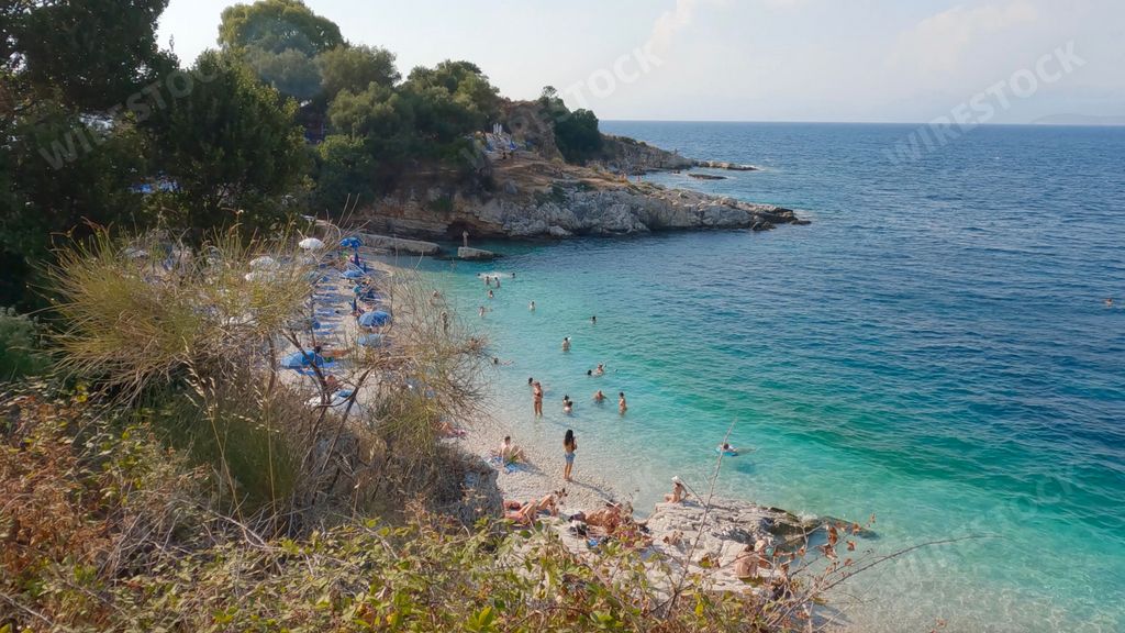 A beautiful view of a beach in Kassiopi village in Corfu, Greece.
