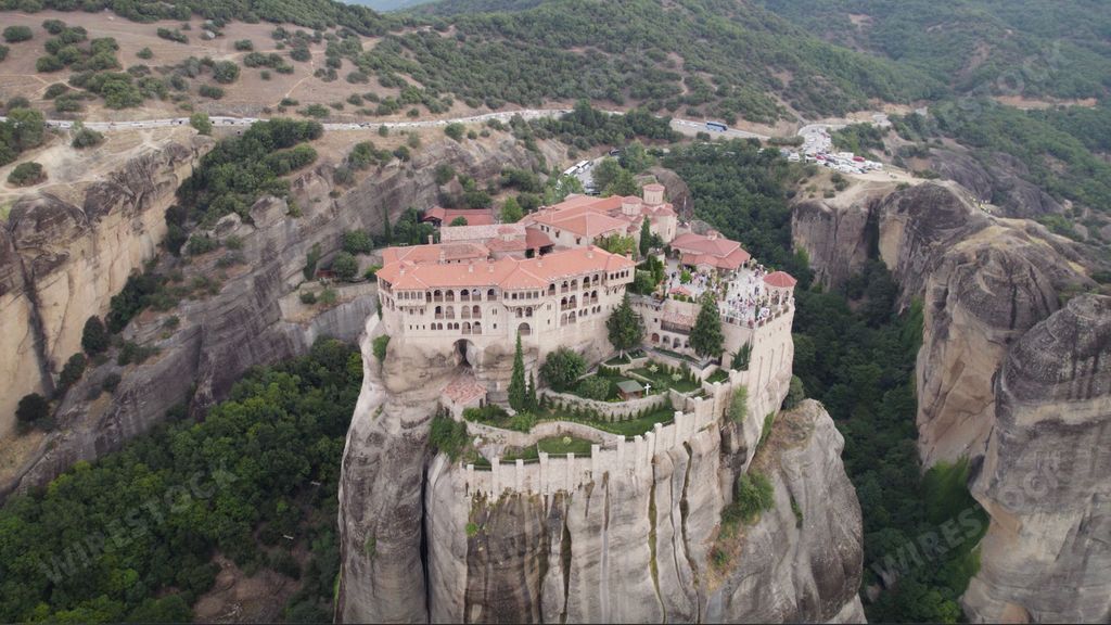 An aerial shot of the Monastery of Varlaam on the  Meteora rock formation in Greece