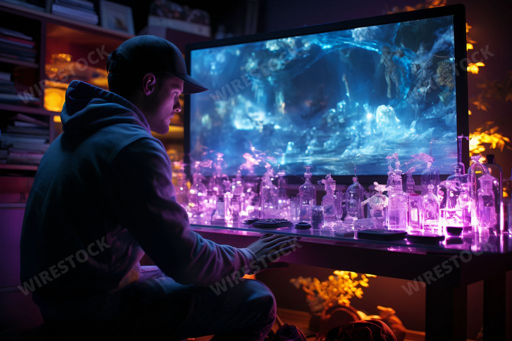 Man in Surreal Cyberpunk Futuristic Setting in front of his computer and a surrealistic background. Ai generated