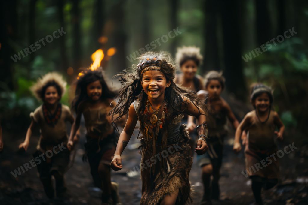 An AI generated illustration of Native American children with traditional tribal clothing
