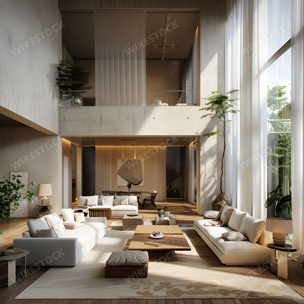 An AI generated illustration of a contemporary living room with spacious windows and white furnishings