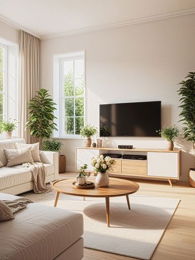 An AI illustration of a modern living room interior with a cozy sofa, wooden coffee table, and TV stand