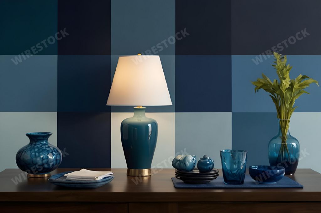 An AI-generated illustration of a table with two vases and a small lamp in the blue color scheme