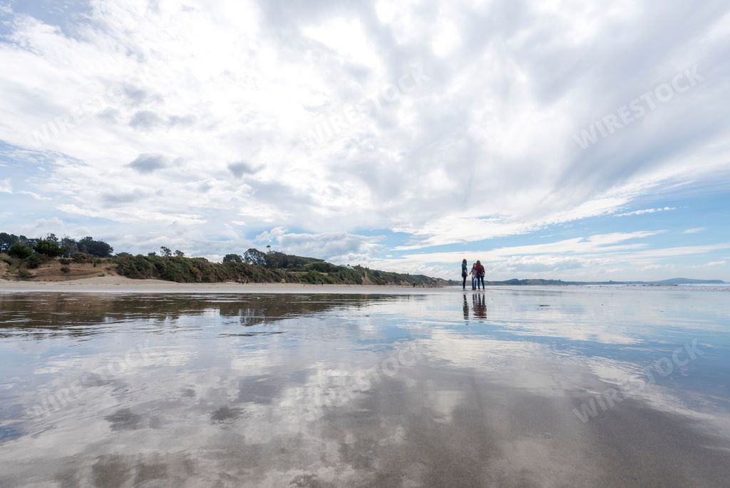 The Moeraki Boulders Beach with reflections in South Island, New Zealand