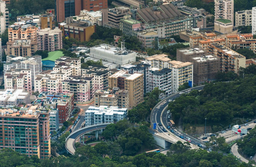An aerial view of the sky line of the city of Hong Kong on a sunny day, China
