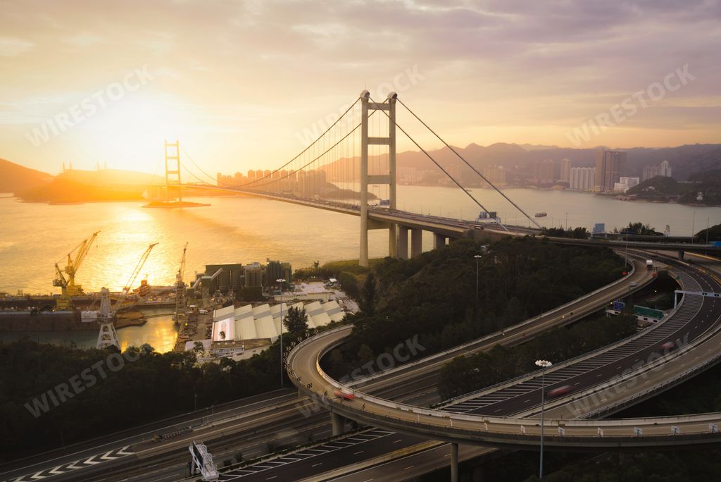 The Tsing Ma Bridge in Hong Kong at sunset