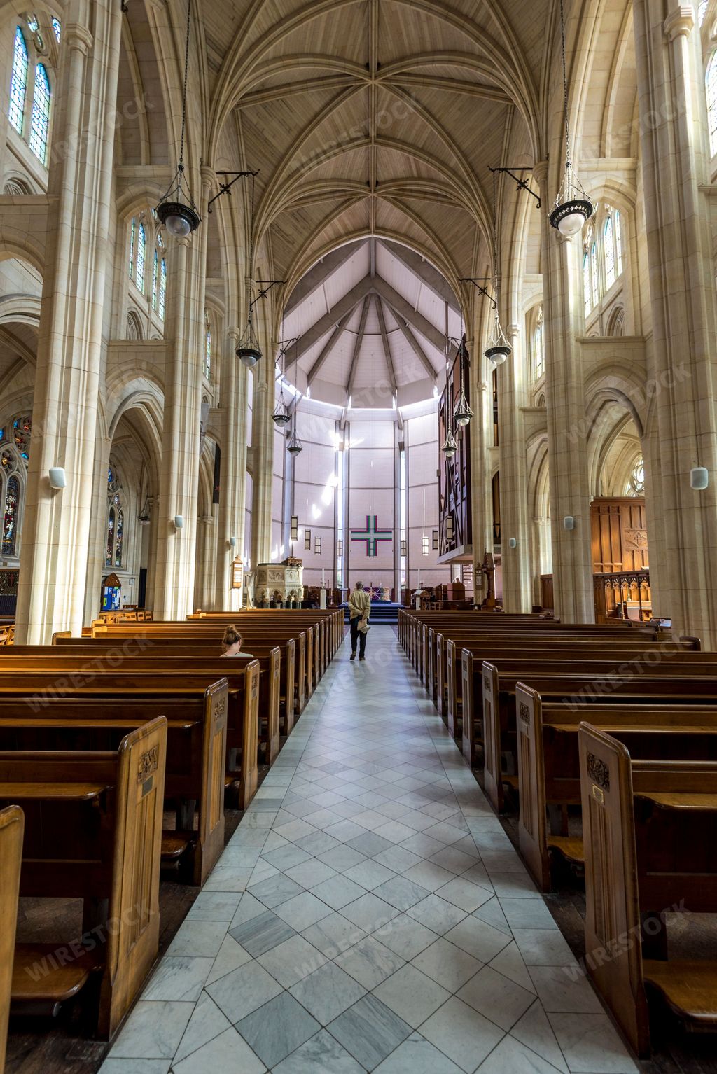 A vertical shot of the St. Paul's Cathedral interior in Dunedin, South Island, New Zealand