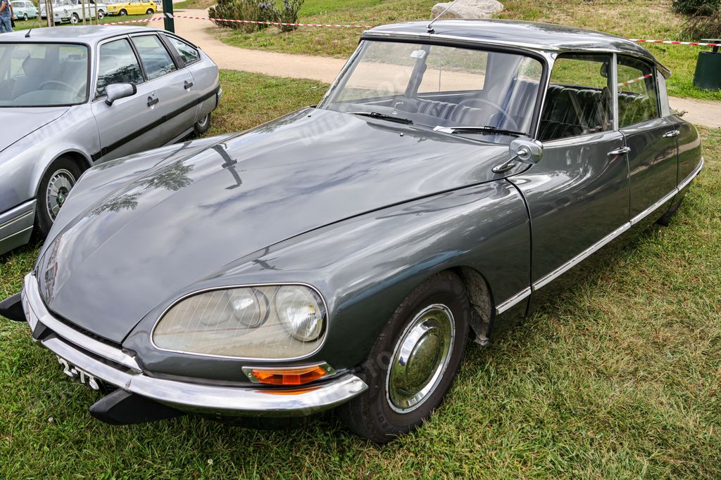 The high-angle frontal view of a black Citroen model DS parked on the grass