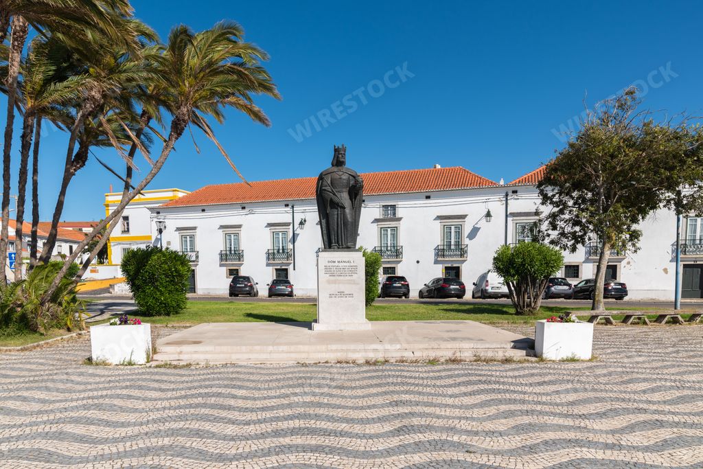 The Dom Manuel I monument in the historic center of the village of Alcochete, Portugal