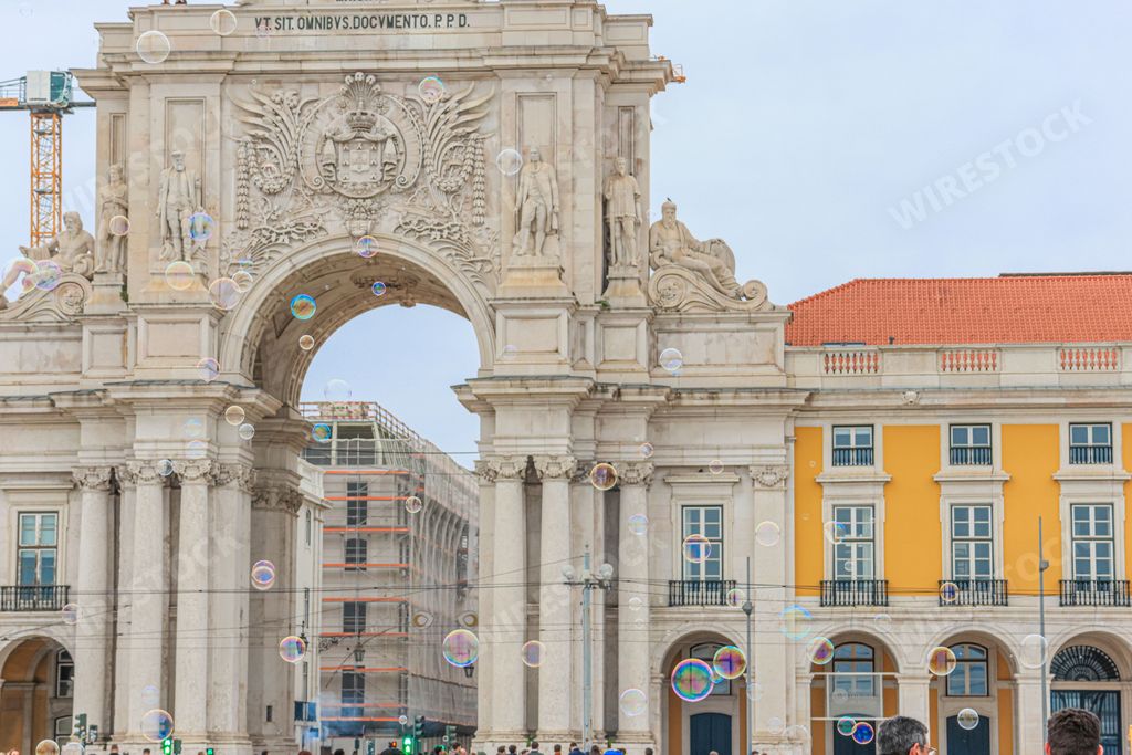 Soap bubbles at the Square of Comercio in downtown Lisbon, Portugal