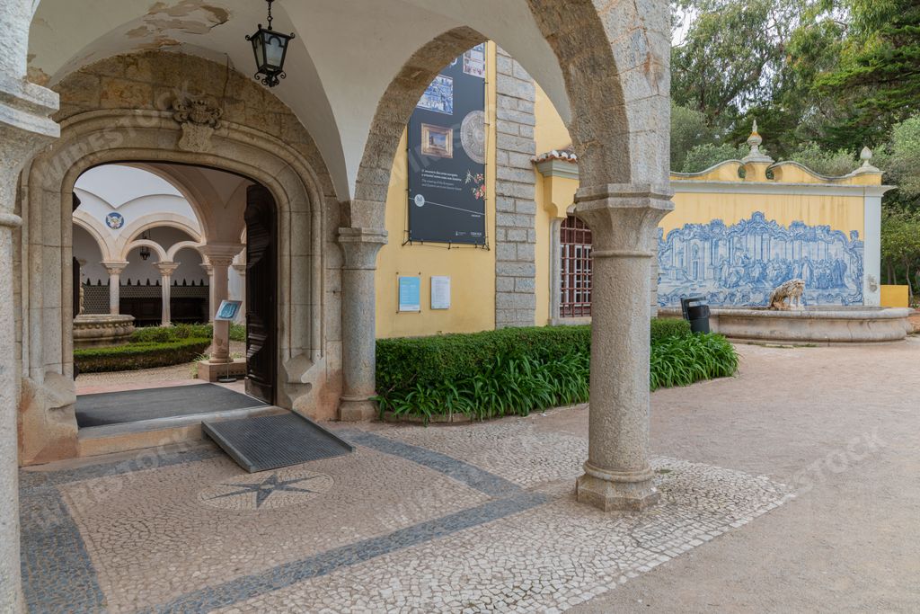 The entrance to the Condes de Castro Guimaraes Museum building in Marechal Carmona Park in Cascais