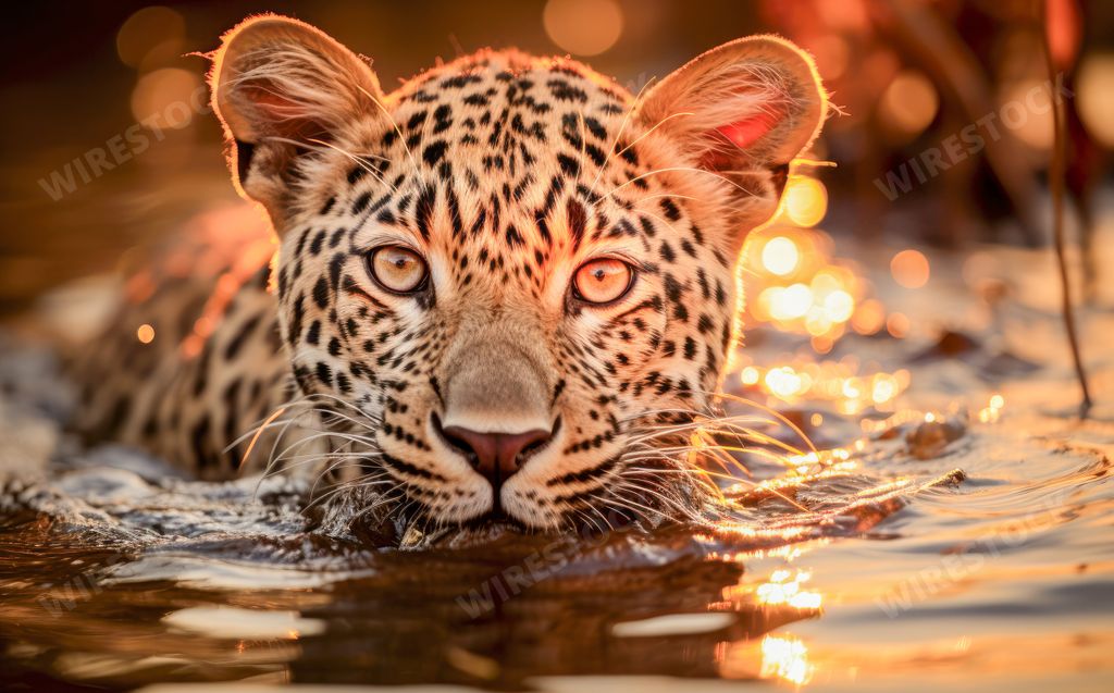 An AI generated illustration of a close-up of a Leopard walking in the water, with a concentrated look, animals concept